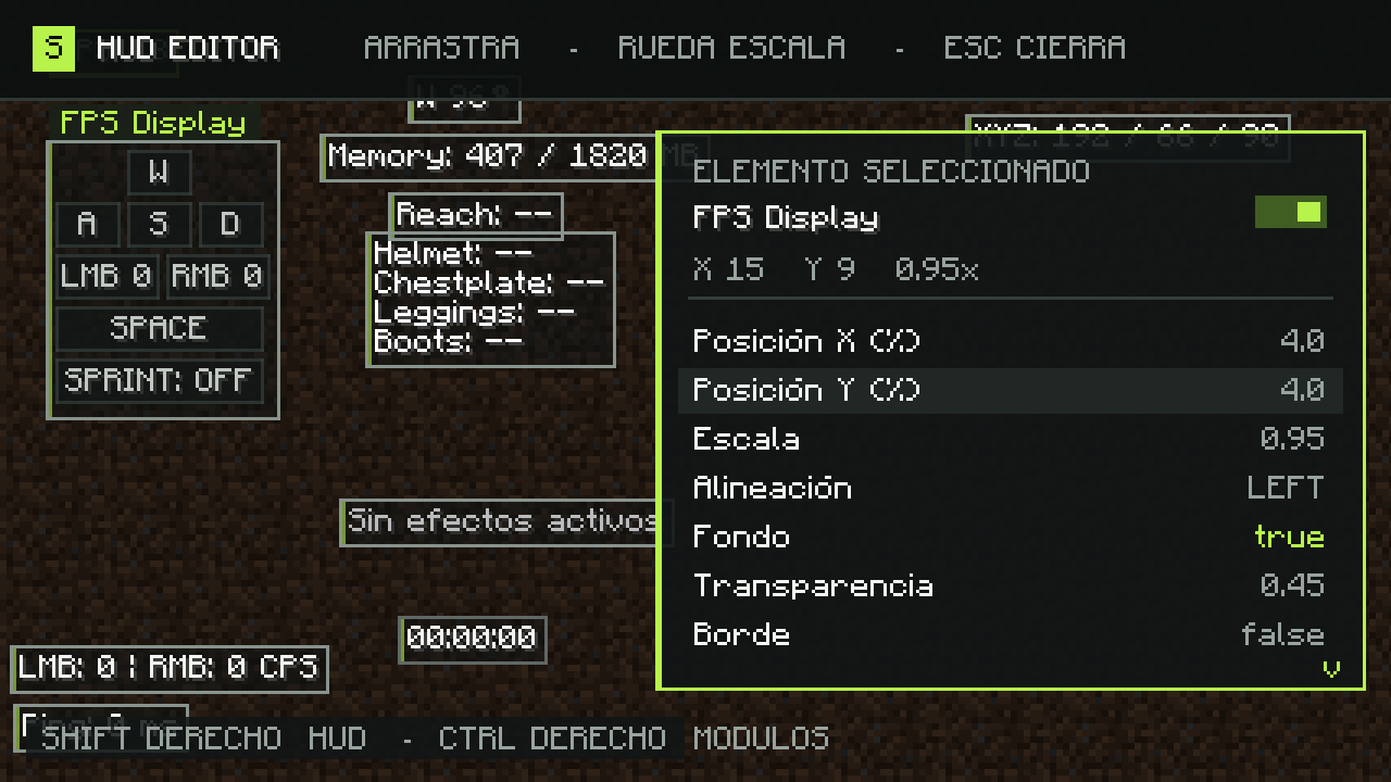 Editor del HUD de SparsClient en una captura de desarrollo