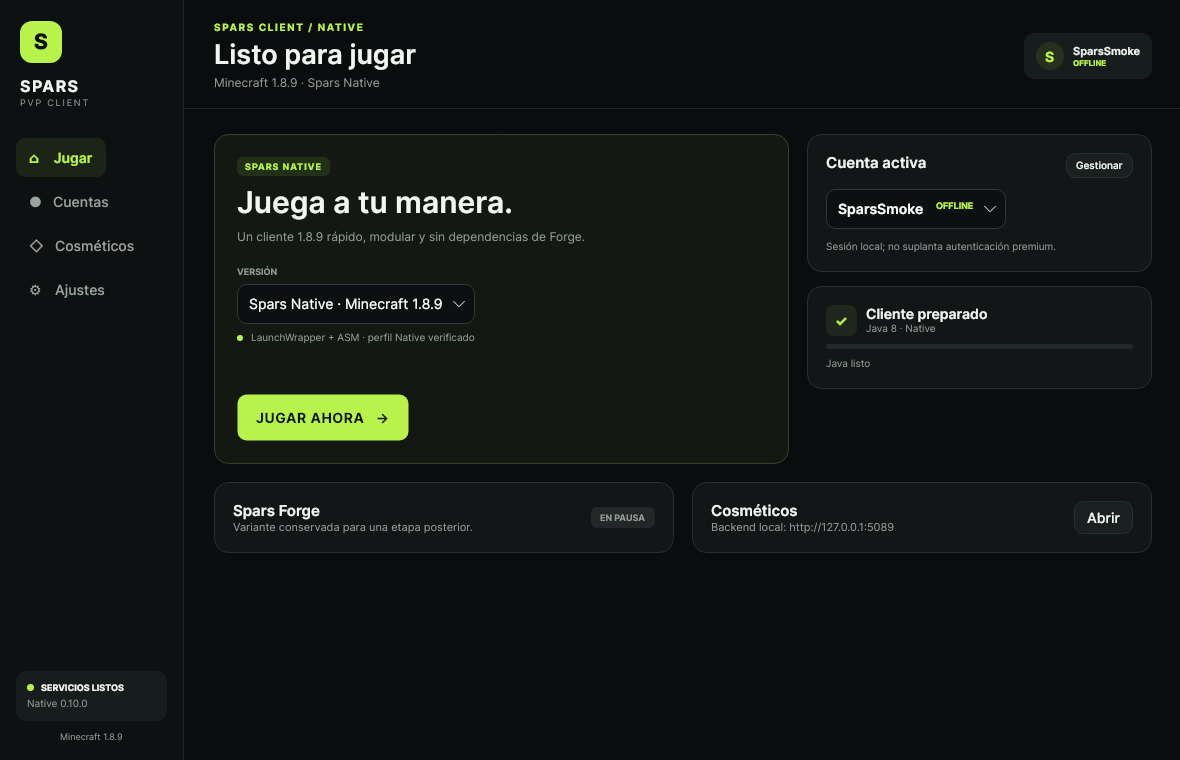 Pantalla de inicio del launcher SparsClient, captura de desarrollo